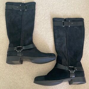 Ugg Black Suede Leather Knee High Boot Pull On Adjustable Buckle